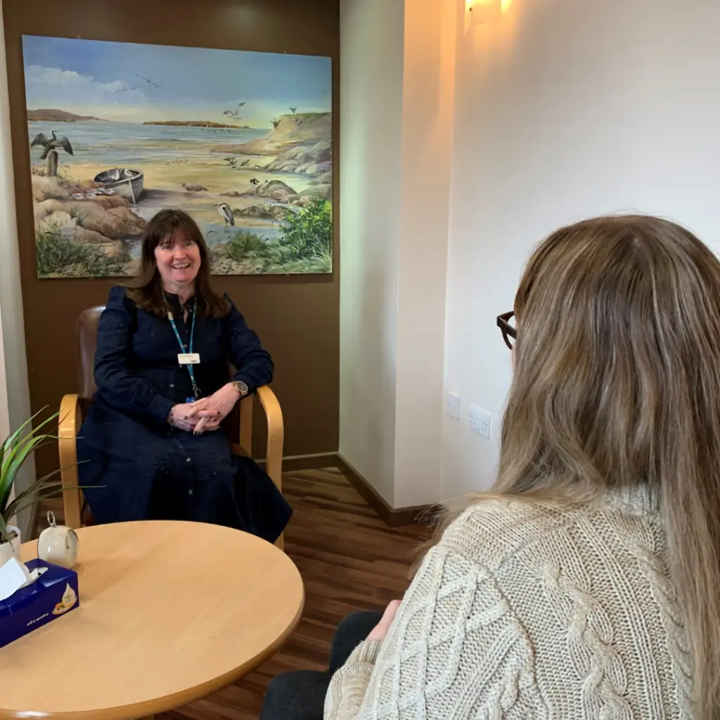Helen the counsellor with patient at Clatterbridge